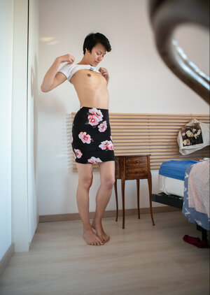 Short hair kitten is showing her small boobs and furthermore long legs