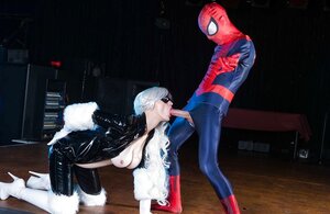 Young and fresh woman with blonde hair called spider-man home to give him a blowjob