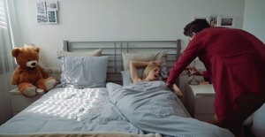 Blond-haired kitten is going to bounce on a hard love pole harder