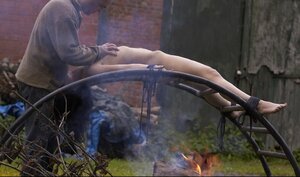 Creepy dude dominates over submissive brunette outdoors in dissimilar ways