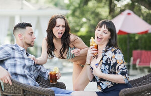 Profligate female flirts with stepdaughter's boyfriend right in front of broad