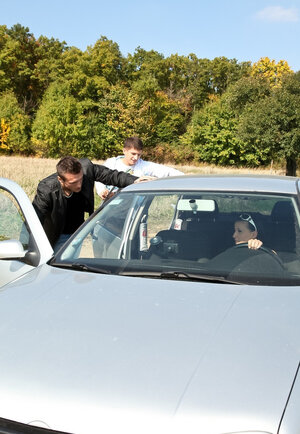 Brunette in skimpy dress picks up a pair of men and takes them home for a cup of tea