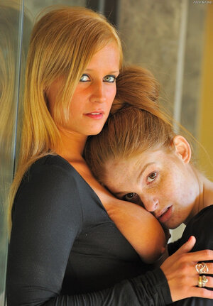 Broads in black dresses touch titties and lick nipples before cunnilingus