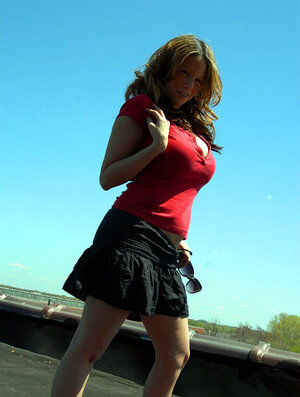 Bigtitted hoe in red top gets on the roof and plus teases with her big bra buddies