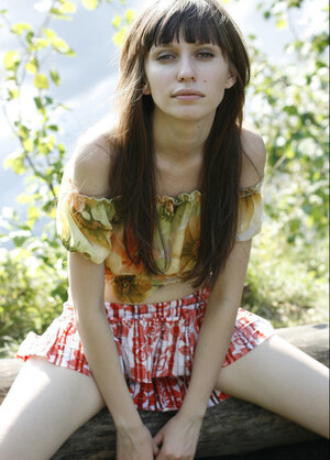 Innocent 18-19 y.o. with bangs and besides skinny body flashes breasts and besides pussy by the lake