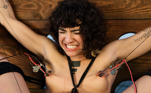 Whore with hairy honey pot squirts hard during explicit BDSM play with electricity