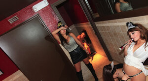 Lesby bitches get drunk and furthermore lick each separate other's twats in public toilet