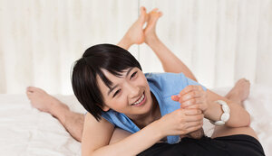 Flirty Japanese colleen Ai Mukai reveals pink twat before rubbing BF’s dick