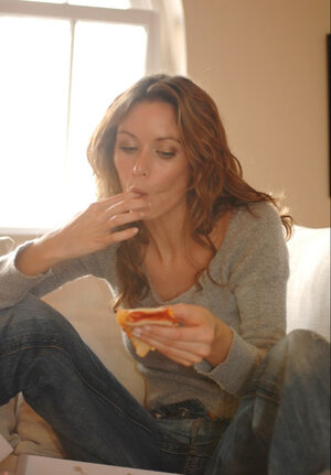 Lovely cutie doffs sweater to find perfect jugs after eating pizza at home