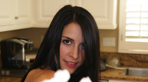 Nude brunette lady friend comes to the kitchen to play with whipped cream