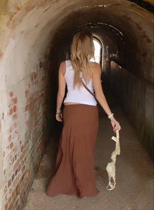 Entirely barefaced blonde flashing her titties and tooshie while taking a walk