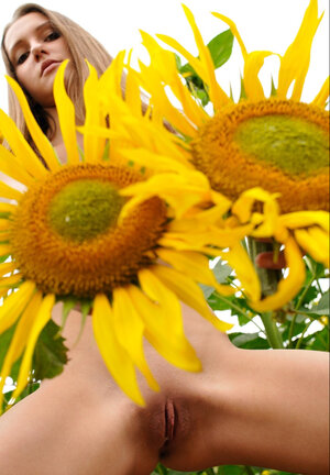 Non-pro gal with long legs is posing with the sunflowers